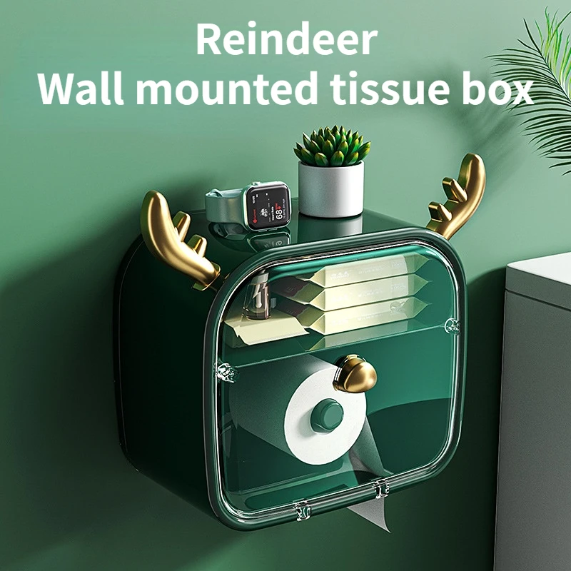 

Plastic Light Luxury Bathroom Double Wall Mounted Paper Towel Storage Box Household Waterproof No Punching Cartoon Carton Shelf