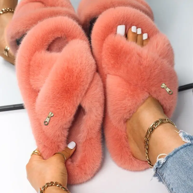 Fur Slides for Women Winter Warm Home Slippers Zipper Fashion Shoes Platform Footwear Fur Sandals Fluffy Cozy Flilp Flops