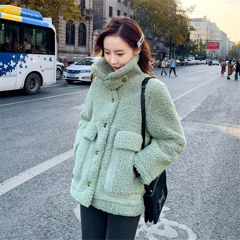 Thick Lamb Wool Teddy Coat Women Korean Style Warm Fluffy Jacket Autumn Winter Furry Cashmere Coat Big Pocket Faux Fur Overcoat