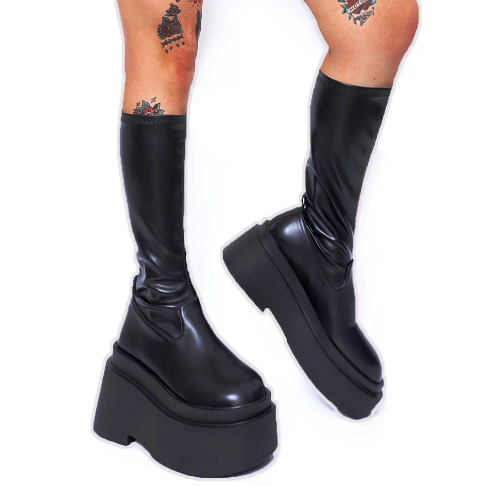 GIGIFOX Platform Chunky Heel Punk Motorcycle Street Knee High Boots Gothic Autumn Winter Slip On Long Boots Shoes Big Size 43