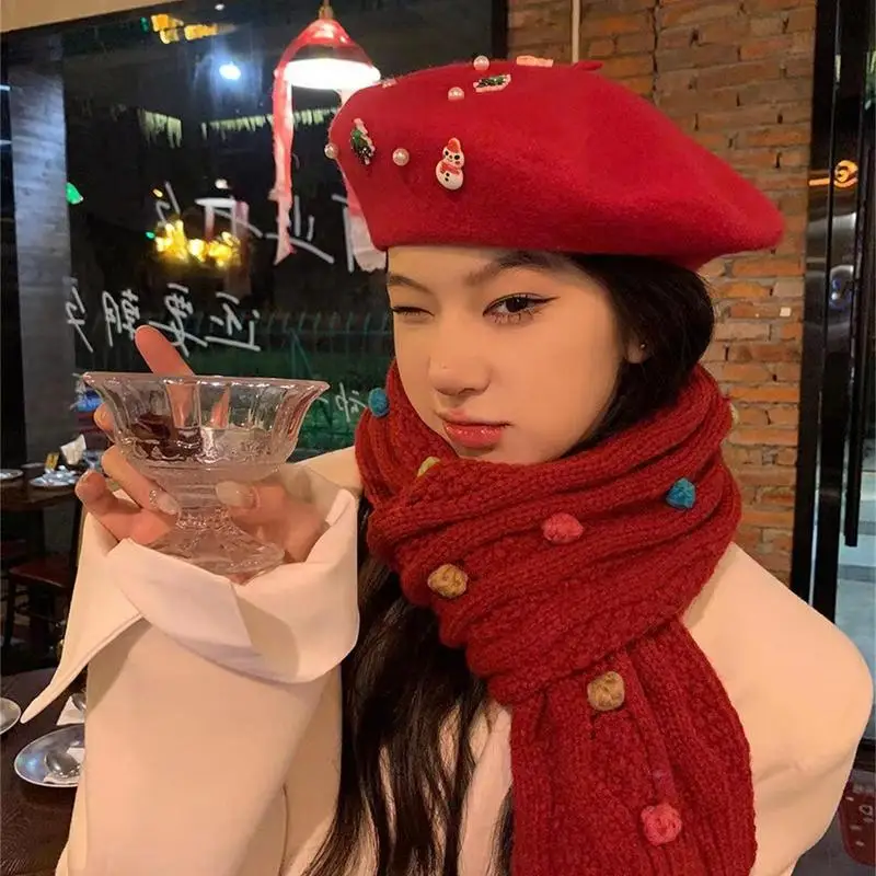 Рождественский берет для девочек зимний теплый и устойчивый к холоду шерстяной