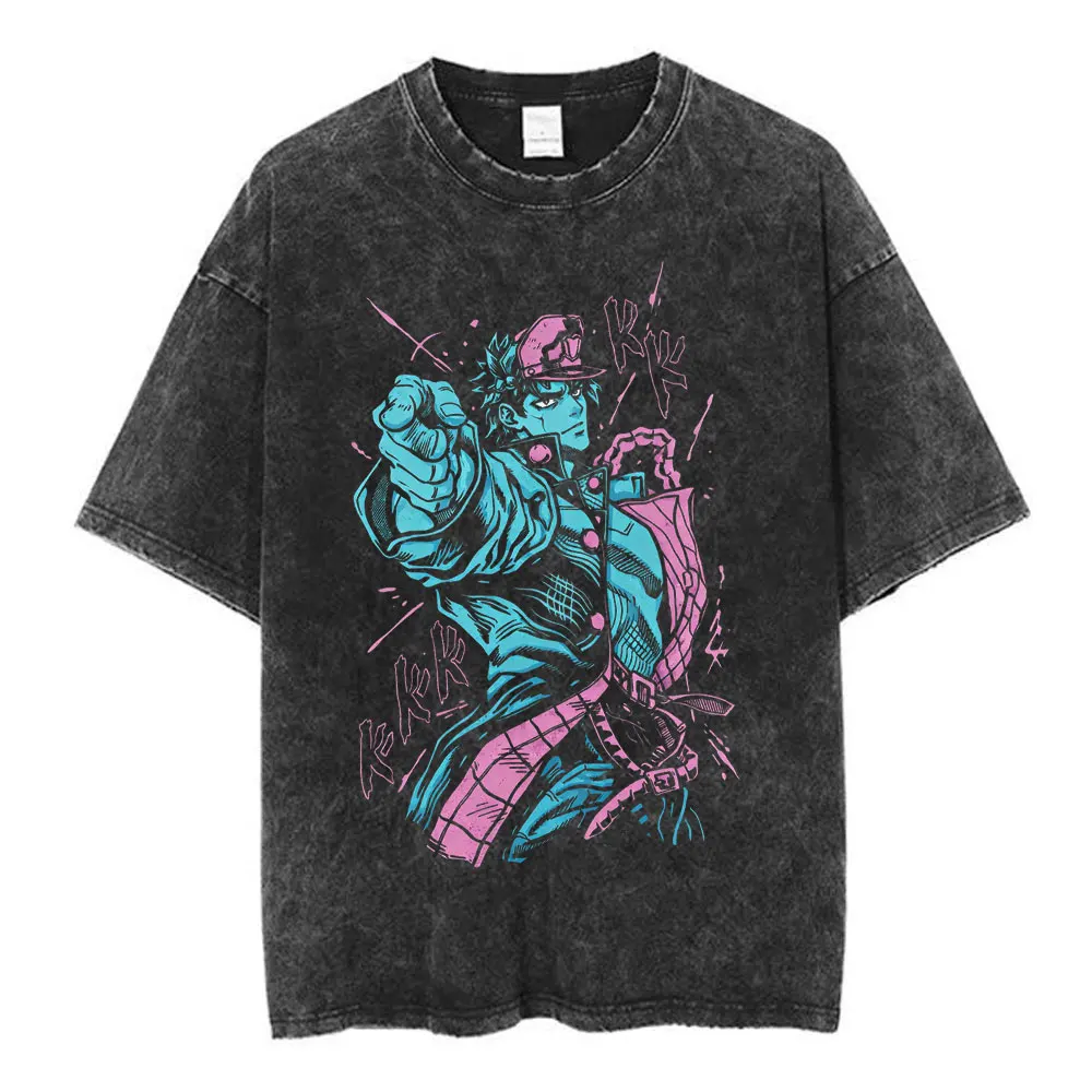 Фото Футболки унисекс с эффектом кислотной стирки в стиле аниме JoJo Bizarre Adventure Jotaro Kujo, винтажные, из хлопка, повседневные, с короткими рукавами, уличная одежда №1