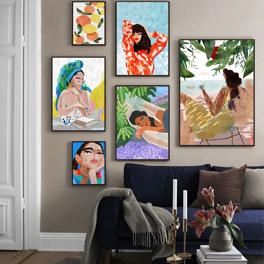 

Vintage Oil Painting Girl Portrait Tropical Flower Parrot Wall Art Canvas Posters and Prints Wall Pictures for Living Room Decor