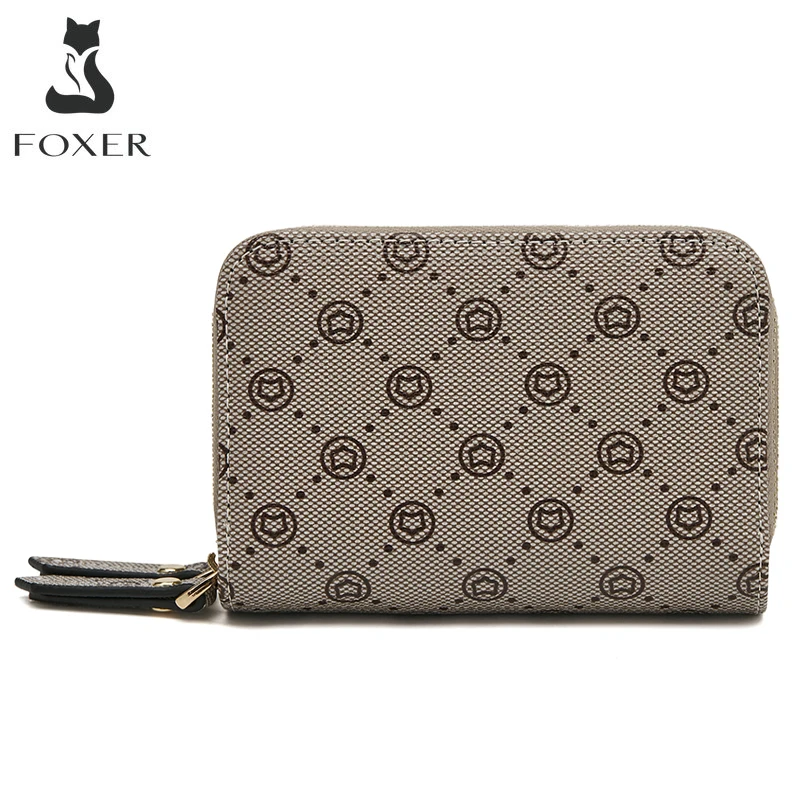 

FOXER Women's PVC Leather Short Wallet Zipper Coin Clutch Bags Female Multi-Card Monogram Purse Ladies Fashion Small Card Holder