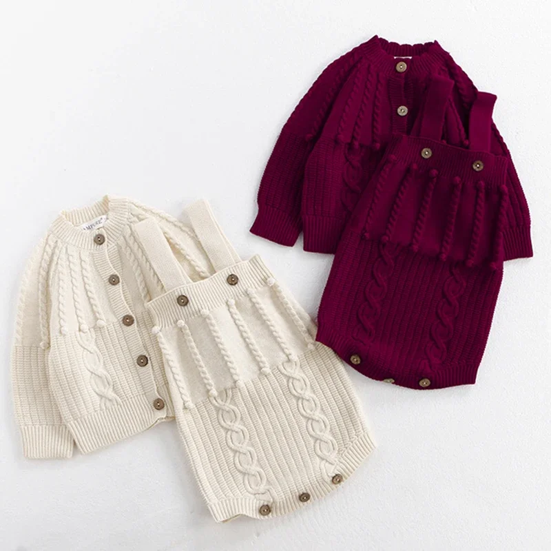 Осенний детский вязаный костюм зимний комбинезон для новорожденных девочек