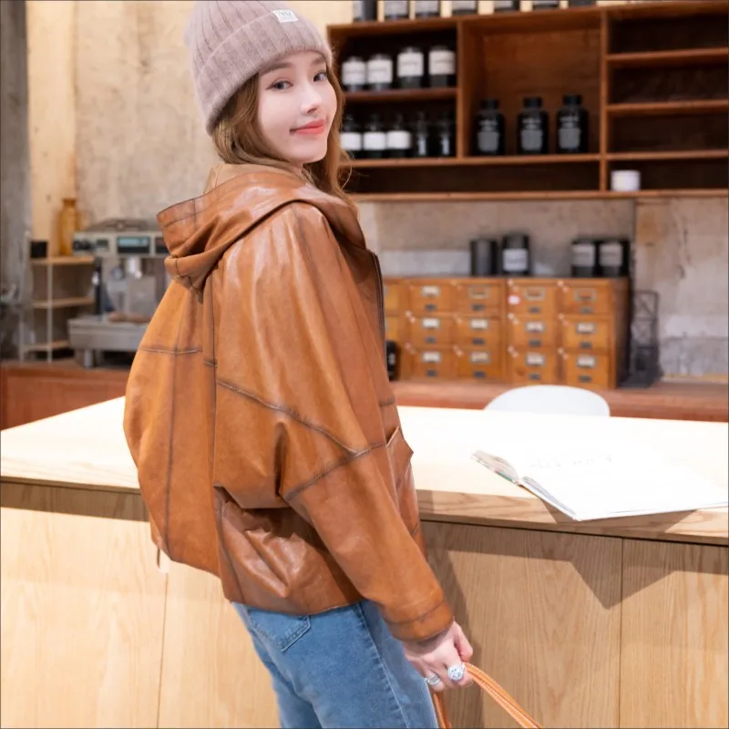Leather Coat Women's Spring And Autumn Hooded Loose Cape Genuine Leather Coat Female Casual Sheepskin Outerwear