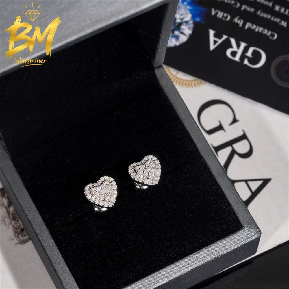 Фото Серьги Blingminer Heart Design VVS Moissanite для мужчин и женщин, серебряные серьги-гвоздики S925, прошедшие проверку на алмазы, GRA, бесплатная доставка №3
