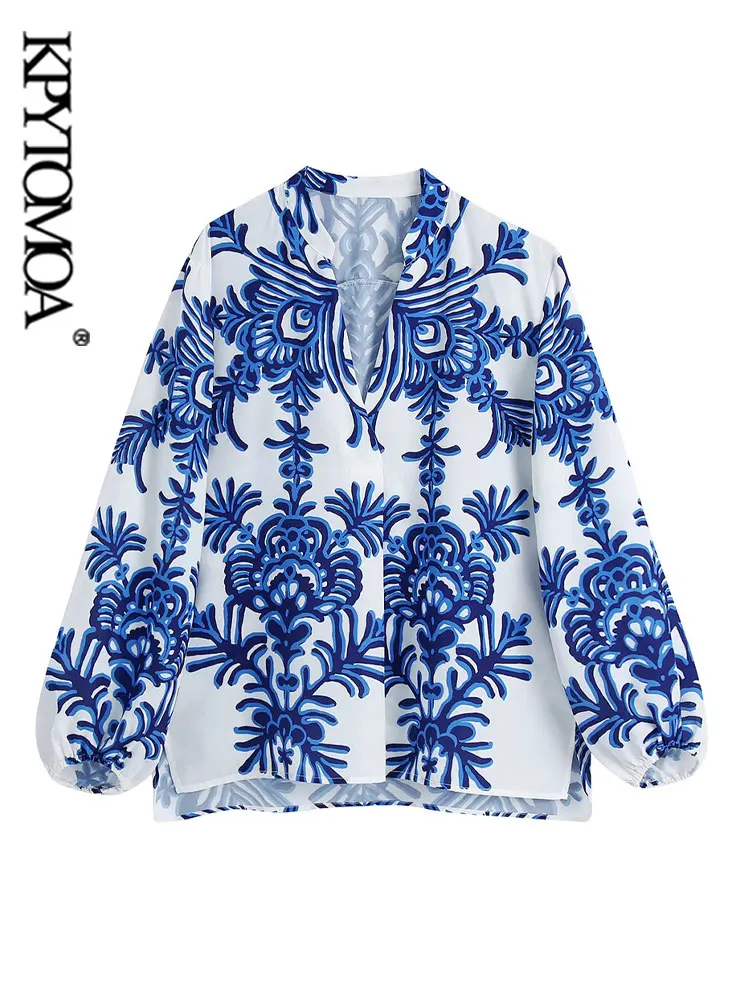 

KPYTOMOA Women Fashion Totem Printed Asymmetric Blouses Vintage Long Sleeve Side Vents Female Shirts Chic Tops