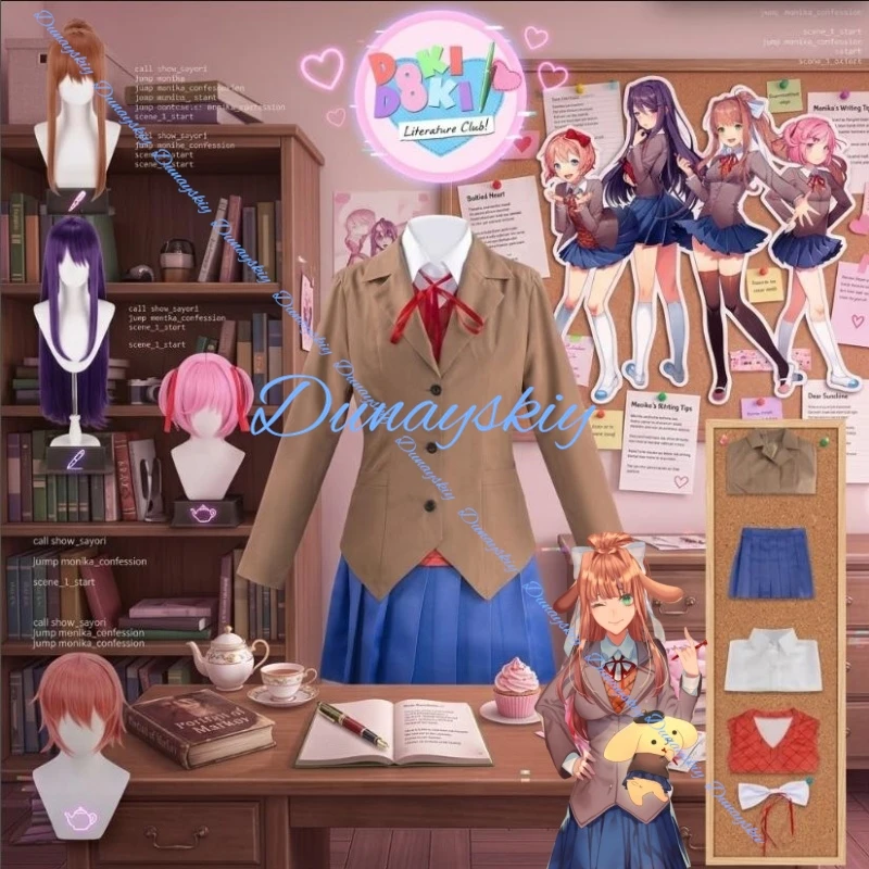 Фото Костюм для косплея по аниме Doki Doki Literature Club: Моника, Сайори, Юри, Натсуки, парик, школьная форма, коричневая юбка, туфли №1