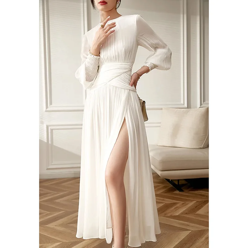 

Women's long skirt New French style long sleeved round neck pleated waist high slit chiffon dres elegant Dresses for Women