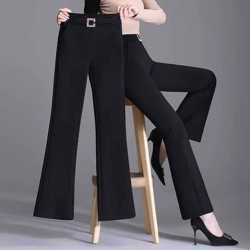 

2022 Women's Spring Summer New Elastic High Waist Casual Pants Female Solid Color Flare Pants Ladies Loose Pockets Trousers E207