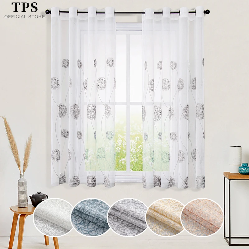 

TPS Embroidered Floral Sheer Curtains for Living Room Bedroom Tulle Voile Curtain for Kitchen Home Decor Window Treatment Drapes