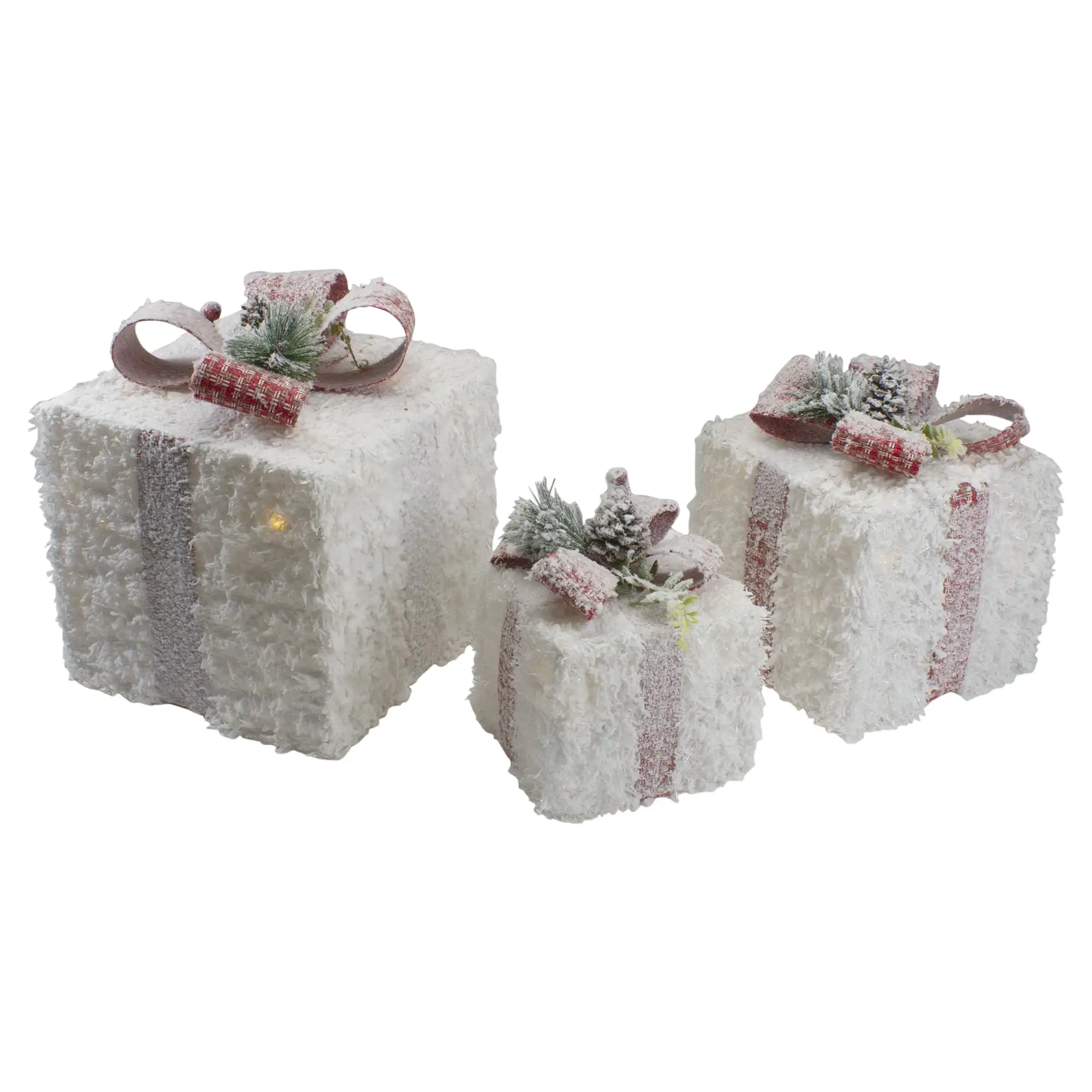 

Set of 3 LED Frosted Rattan Christmas Gift Boxes with Pinecones - 10"