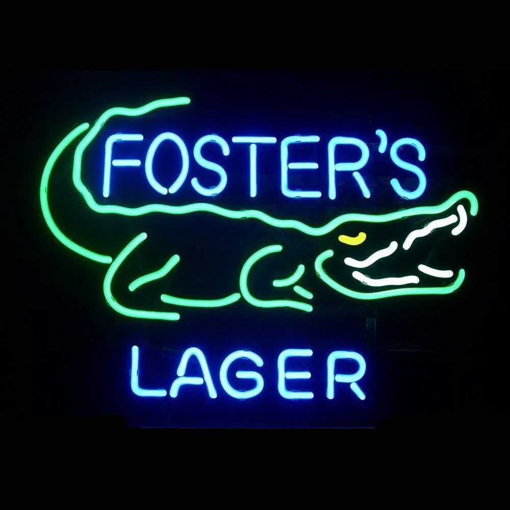 FOSTER'S LAGER Beer Crocodile Neon Light Sign Custom Handmade Real Glass Tube Bar Store Advertise Room Decor Display Lamp 19X15"