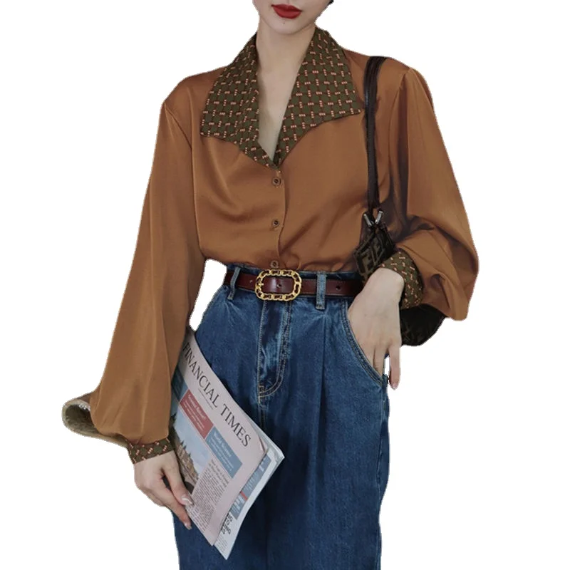 

Long-sleeved shirt female temperament silky retro student loose wild shirt 2021 spring new trend