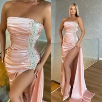 elegant pink prom dresses beads pearls sleeveless evening dresses sexy high split pleated celebrity party prom gowns