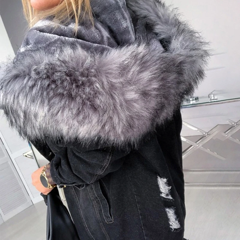 2023 Fashion  Winter Elegant Warm Single-breasted Mid-length Jacket Plush Thick Fur Collar Slim-fit Single Breasted Denim Jacket