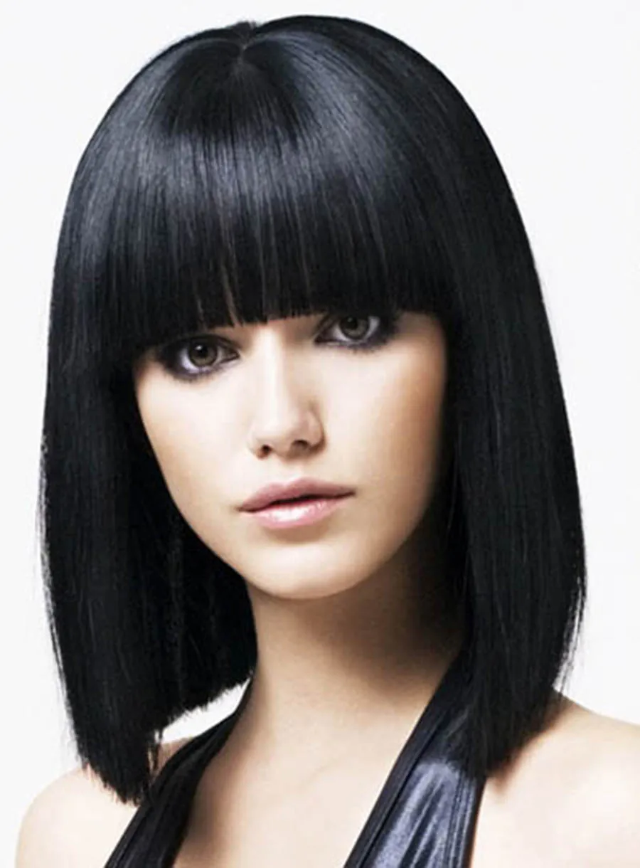 Stylish 12 Inch Black Bob Wig with Fringe - 100% Human Hair at an Affordable Price