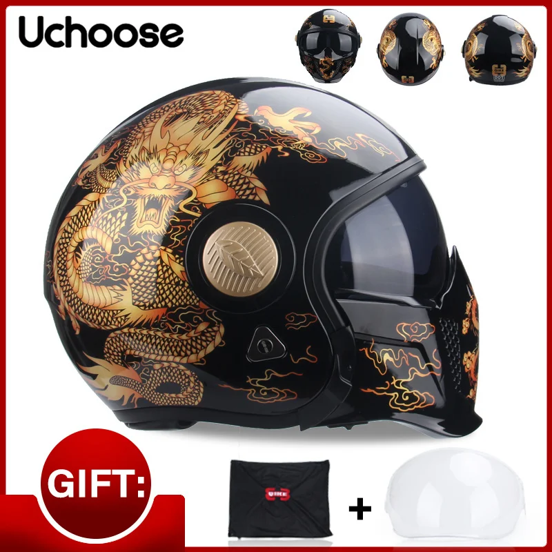 Motorcycle Vintage Helmet Black Warrior Combination Helmet Full Helmet Half Helmet Cruising Helmet Motorcross Give Gift Handsome
