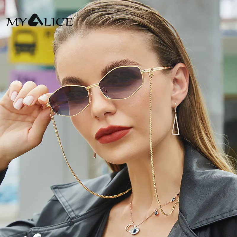 

Женские Модные солнцезащитные очки MYALICE с металлической цепочкой, шестигранная оправа для очков, роскошная популярность, для туризма на отк...