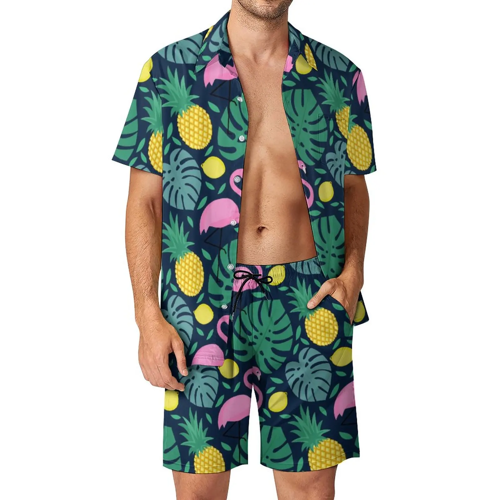 

Funny Palm Leaves Men Sets Pineapple Flamingo Lemon Print Casual Shorts Fitness Outdoor Shirt Set Summer Two-piece Hawaiian Suit