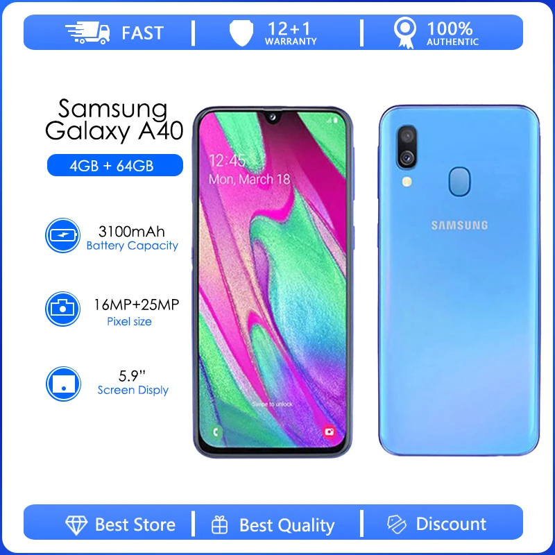 

Samsung Galaxy A40 A405F Refurbished-Original Unlocked Dual Sim Card Android Wi-Fi GPS 16MP 5.9'' 64GB 4GB RAM Free Shipping