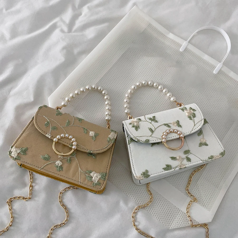 

Fashion Women Net Yarn PU Flower Crossbody Bag Casual Pearl Chain Shoulder Bags Girls Brief Women's Casual Messenger Bags