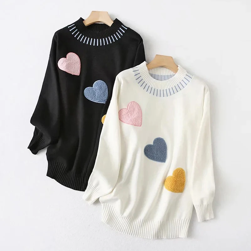 

Sweet Pullover Sweater Female O Neck White Love Contrast Color Casual Loose Long Sleeve Clothes Knit Sweater Soft Warm Sweater