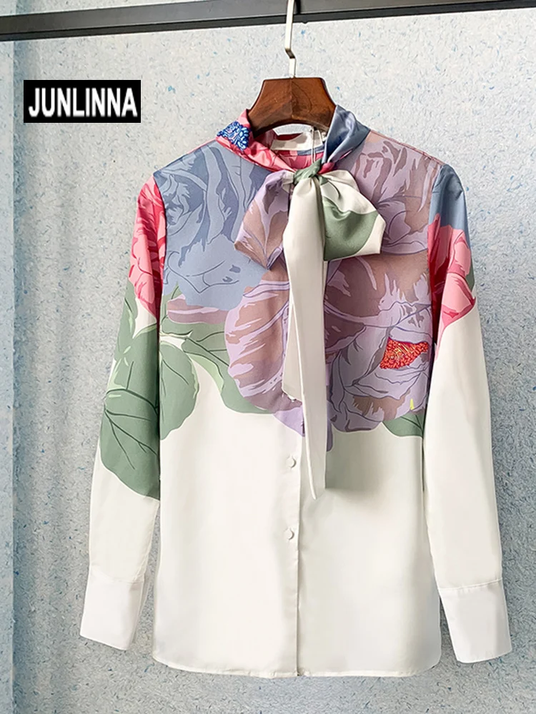 

JUNLINNA Fashion Flower Printed Shirt Autumn New Stand Collar With Bow Party Street Women Blouses