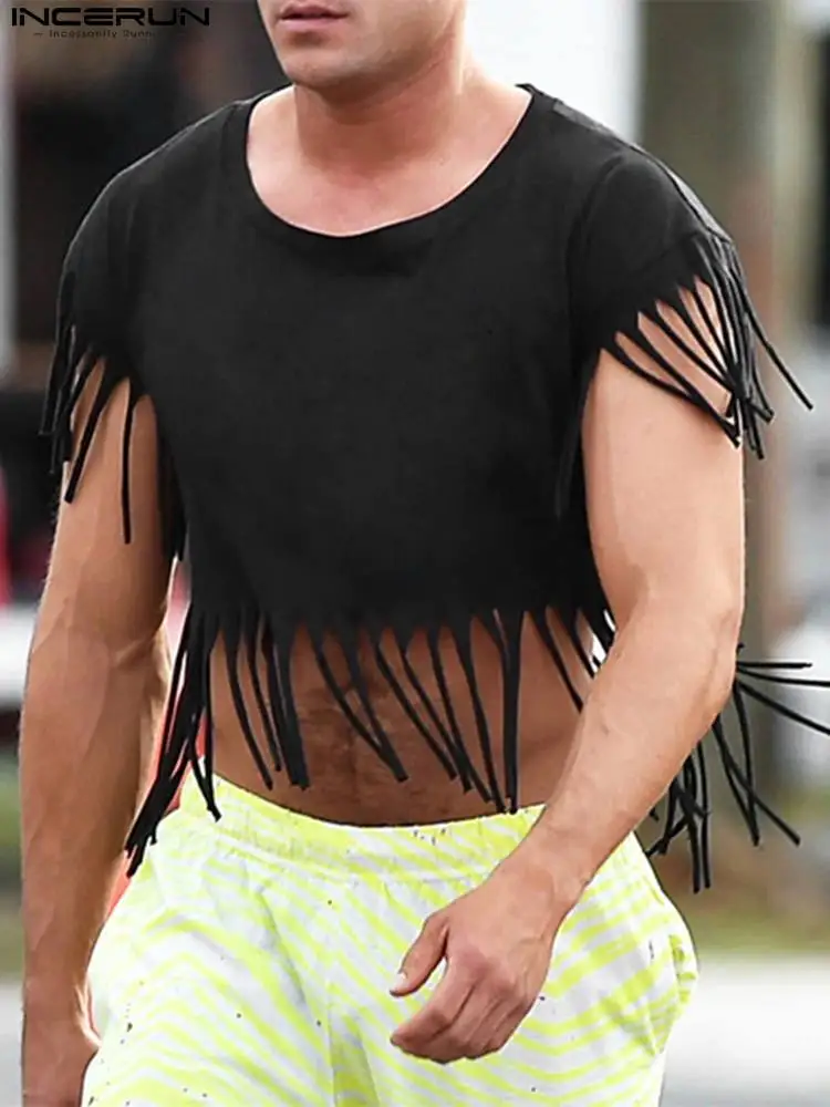 

Men Tank Tops Solid Color Tassel O-neck Short Sleeve Streetwear Crop Tops Summer 2022 Personality Sexy Casual Camisetas INCERUN