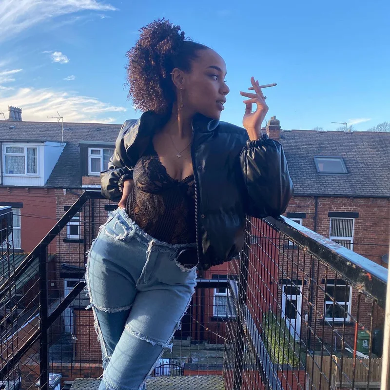 Autumn  Winter Down Cotton Jacket Women's Faux Leather Jacket St Collar Zipper Short Bread Jacket Loose Leather Short Clothes