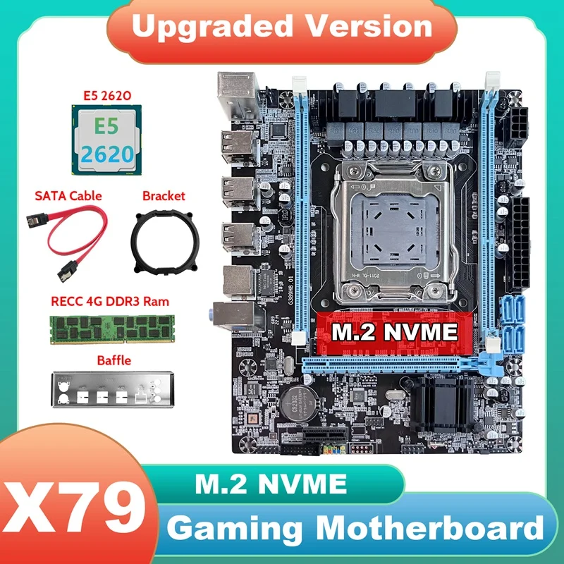 

X79 Motherboard V389+E5 2620 CPU+DDR3 RECC 4GB 1333Mhz RAM+SATA Cable+Baffle+Bracket M.2 NVME LGA2011 For CF LOL PUBG