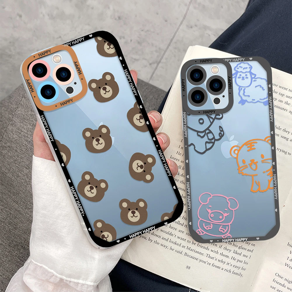 

Cartoon Animal Bear Case for IPhone 11 12 13 Pro Max XS X XR Max 7 8 Plus SE 2020 Transparent Shockproof Cute Back Cover Fundas
