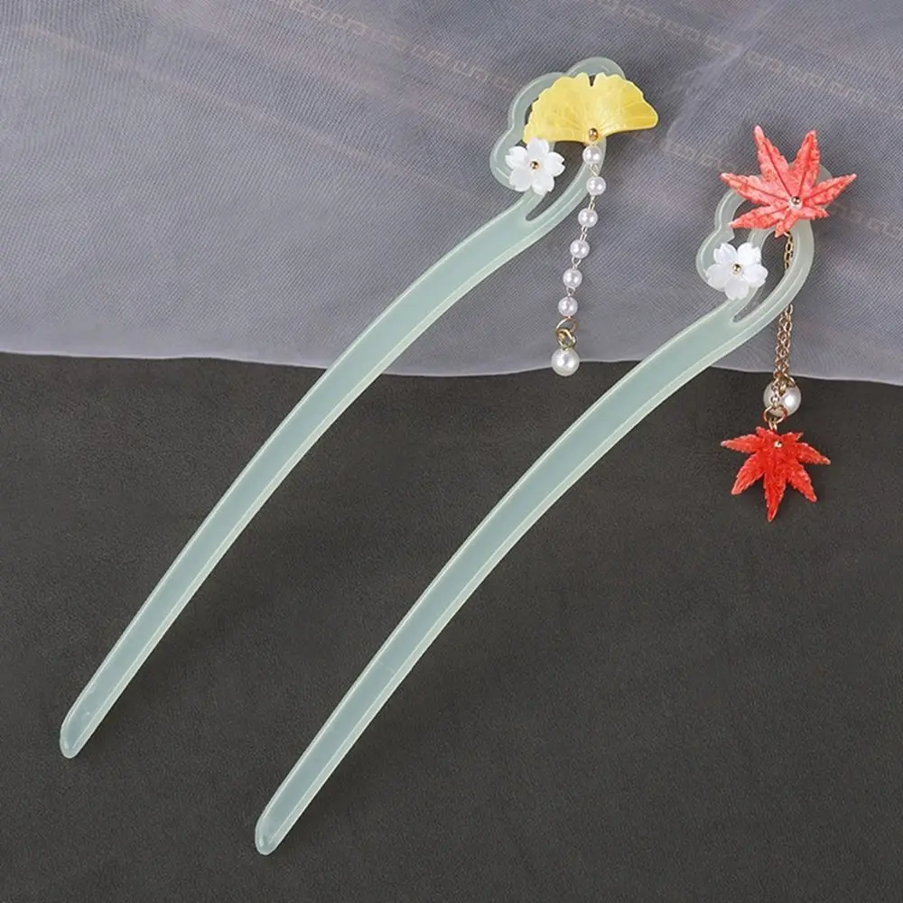 

Chinese Style Creative Ginkgo Maple Leaf Hairpin Elegant Pearl Tassel Acetic Acid Hair Sticks for Women Hanfu Headwear