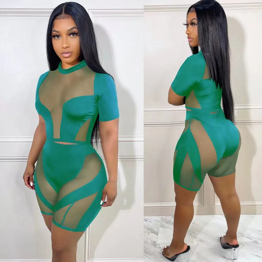 

Модная однотонная прозрачная Сетчатая футболка с коротким рукавом в европейском и американском стиле, велосипедные шорты, костюмы, сексуал...