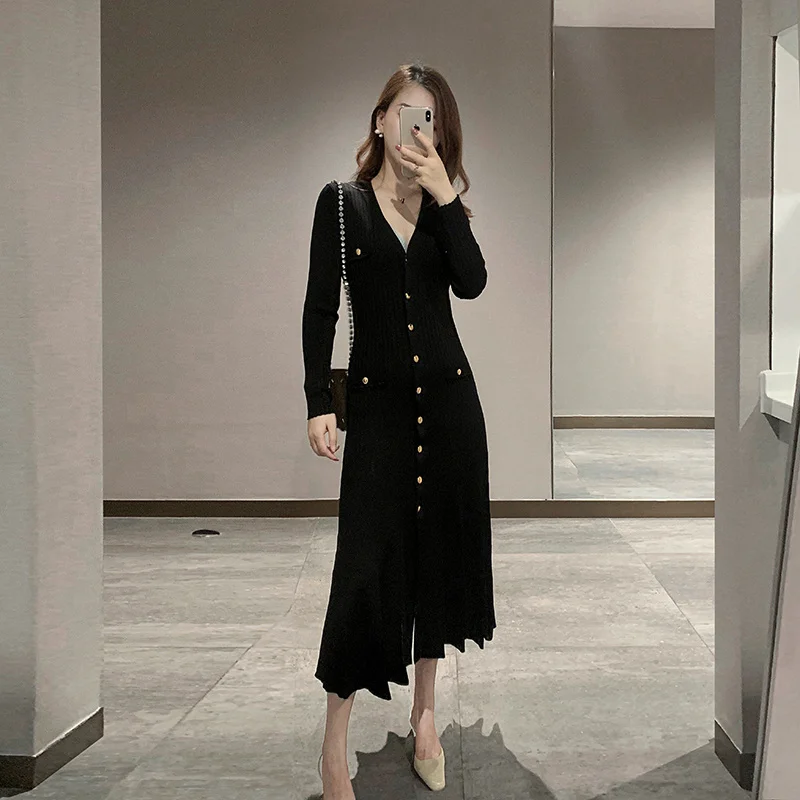 

Женское трикотажное платье-свитер с длинным рукавом, однобортное облегающее трикотажное платье-миди с поясом в стиле знаменитостей