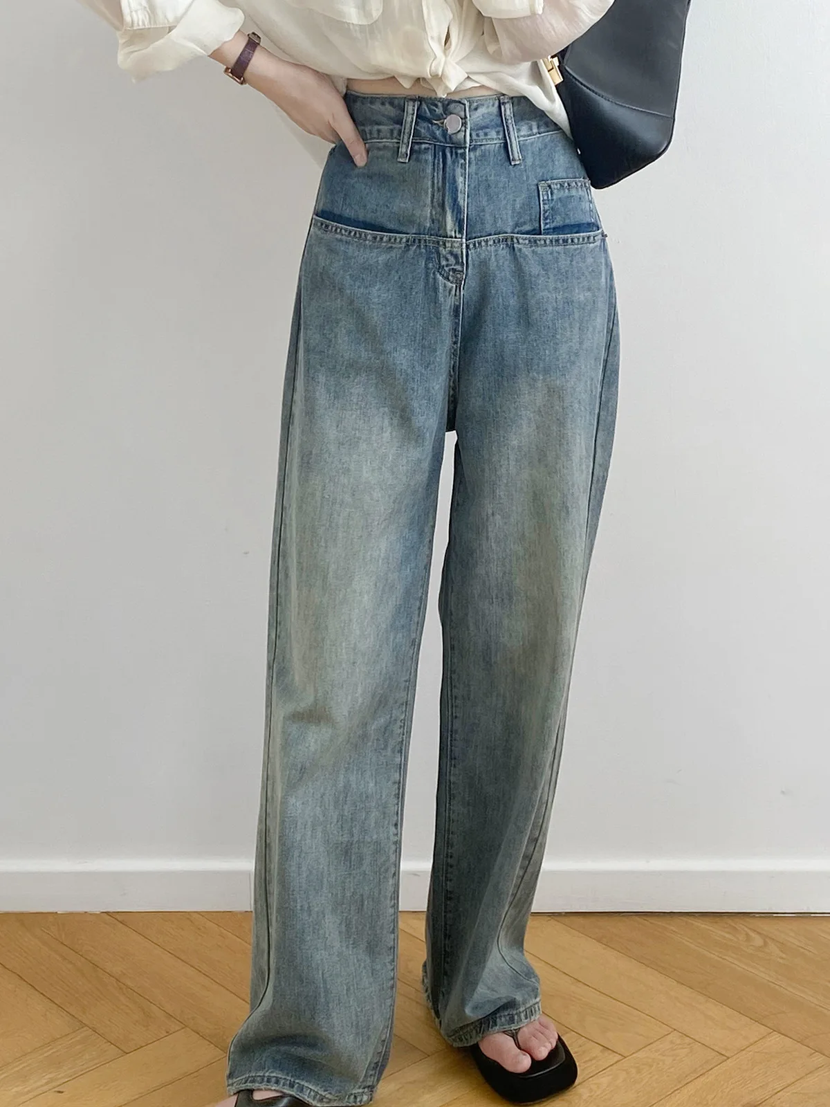 

Осенние Широкие джинсовые брюки в стиле ретро для женщин, тонкие и с высокой талией для приталенного вида, свободные модные джинсы с драпировкой