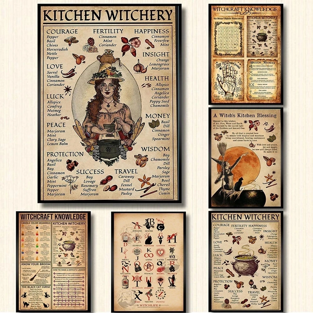 

HD Print Nordic Kitchen Witchcraft Fun Poster Canvas Wall Picture Witch Blessing Knowledge Art Painting Gift Home Decor No Frame