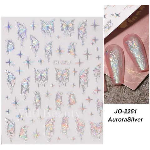 Adesivos de borboleta a laser para unhas holográficas cobra dragão coração estrela adhsive sliders 3d unha decal