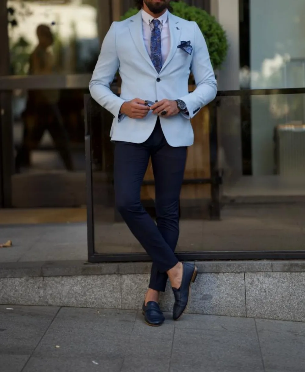 

Мужские смокинги небесно-голубого цвета, комплект из двух пуговиц, деловой Свадебный блейзер с лацканами с вырезом, индивидуальный деловой ...