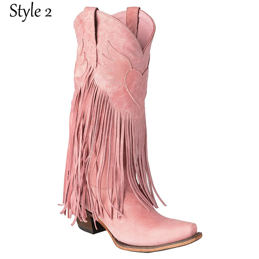 New Brand Embroidery Mid Calf Boots Women Pink Cowboy Cowgirls Casual Western Boots Chunky Pointed Toe Shoes Woman Wholesale images - 6