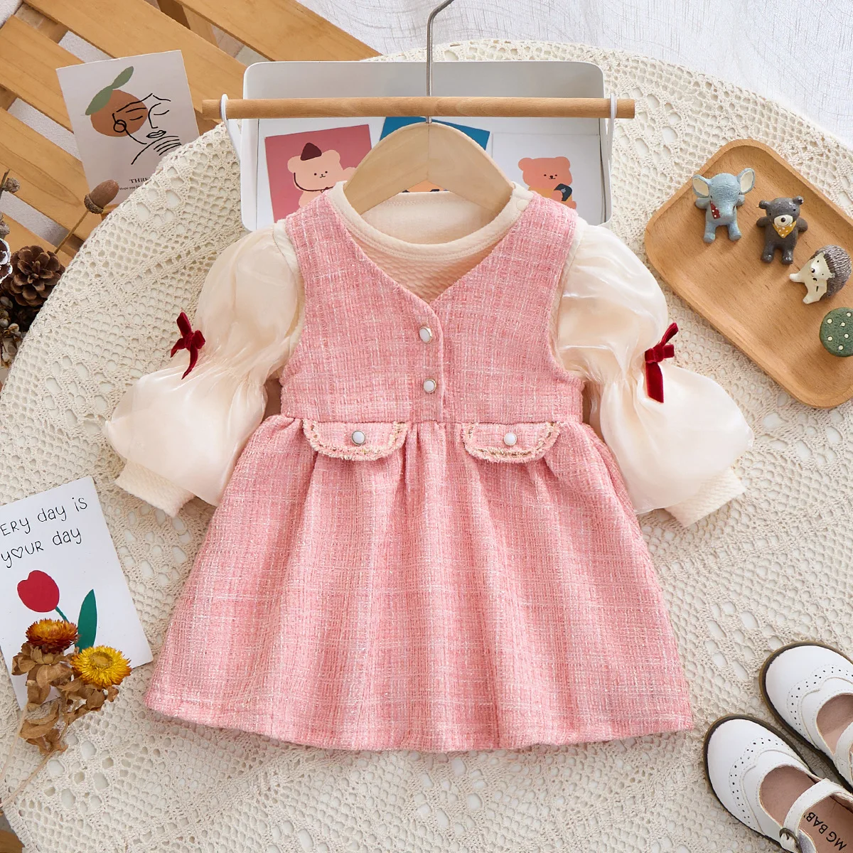 

2023 Korean Autumn Baby Girls Clothing Outfits Long PuffSleeve Bowknot Cute Dress Suits for Children's Girls Clothes Sets