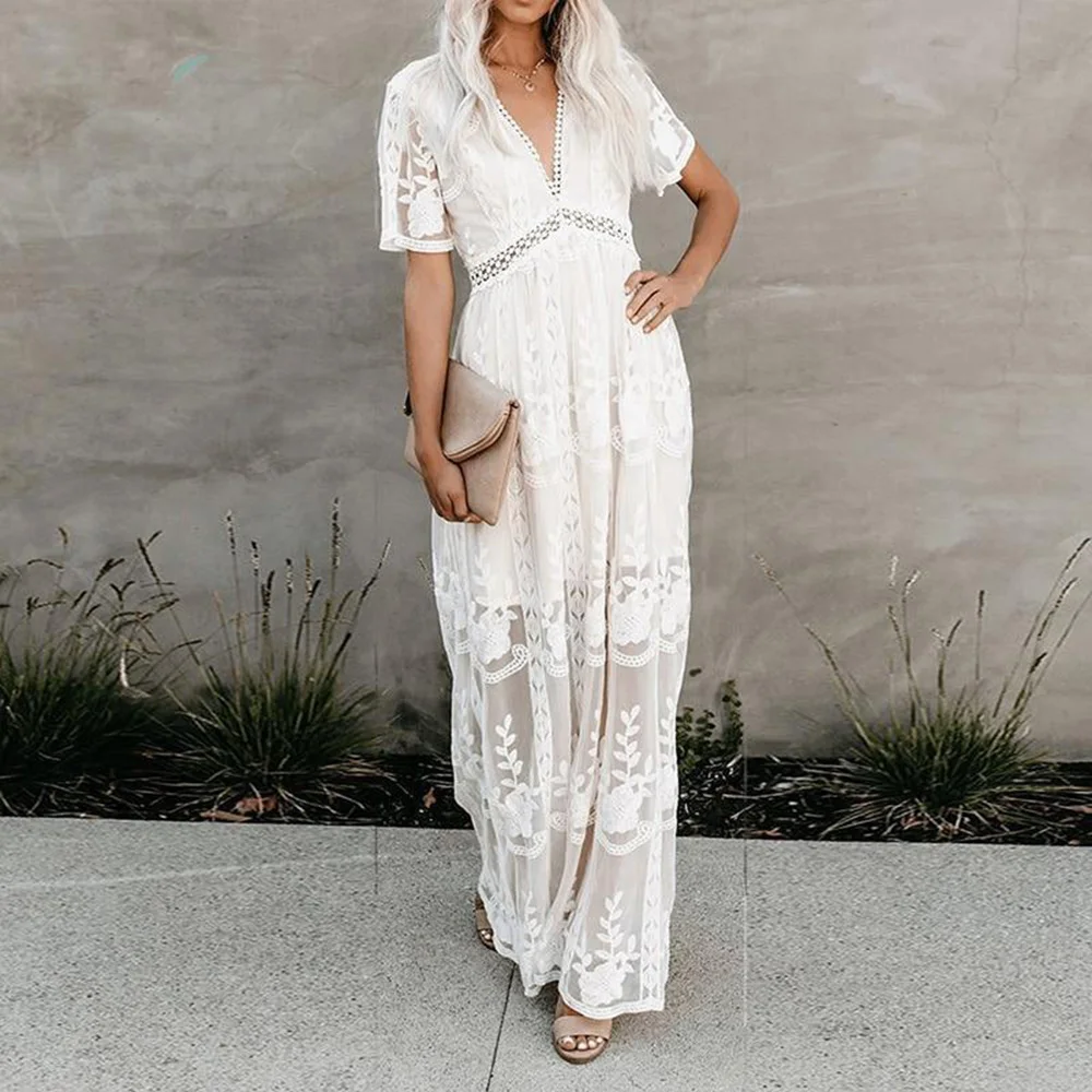 

2023 Summer New Bohemian Style Women's Maxi Dress Loose Embroidery White Lace Long Tunic Beach Skirt Vacation Vacation Clothes