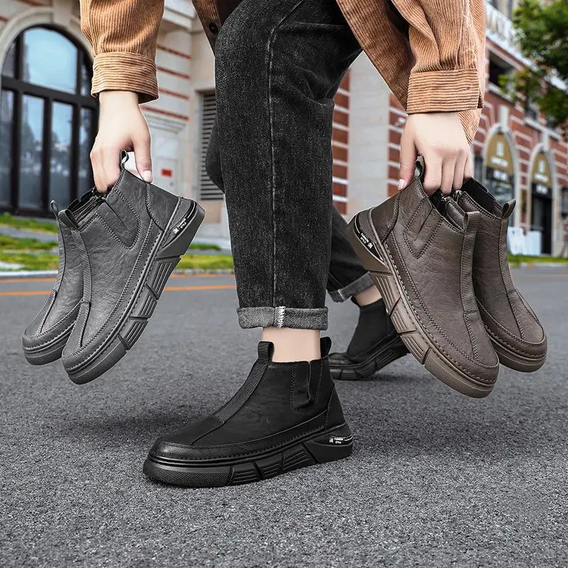 

Men's Winter Black British Style Men's Shoes Retro Biker's Thick Bottom Work Shoes High-Top Men's Boots Casual