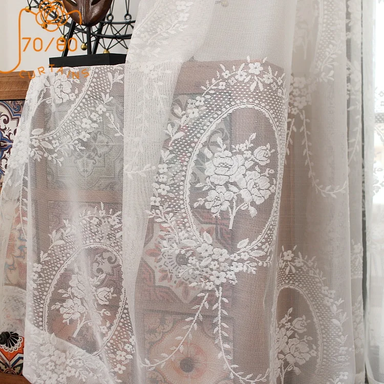 French Romantic White Lace Mesh Rose Embroidered Gauze Curtains for Living Room Bedroom Balcony Custom Finished