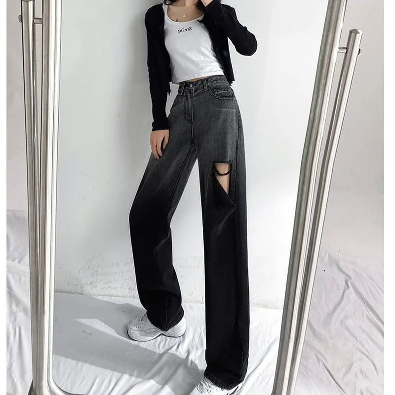 

Wide Leg Denim Jeans Cowboy Pants for Women 2022 Vintage Korean Loose Trend Straight Woman Summer Trousers Hot Tie Dye Ripped