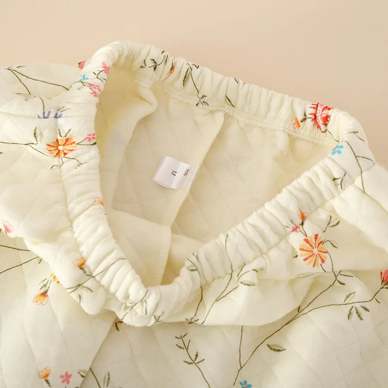 Cotton Air Layer Floral Pajamas Set New Autumn Winter Home War Warm Long Sleeve Pant Suit Casual Cute Nightwear Women Sleepwear