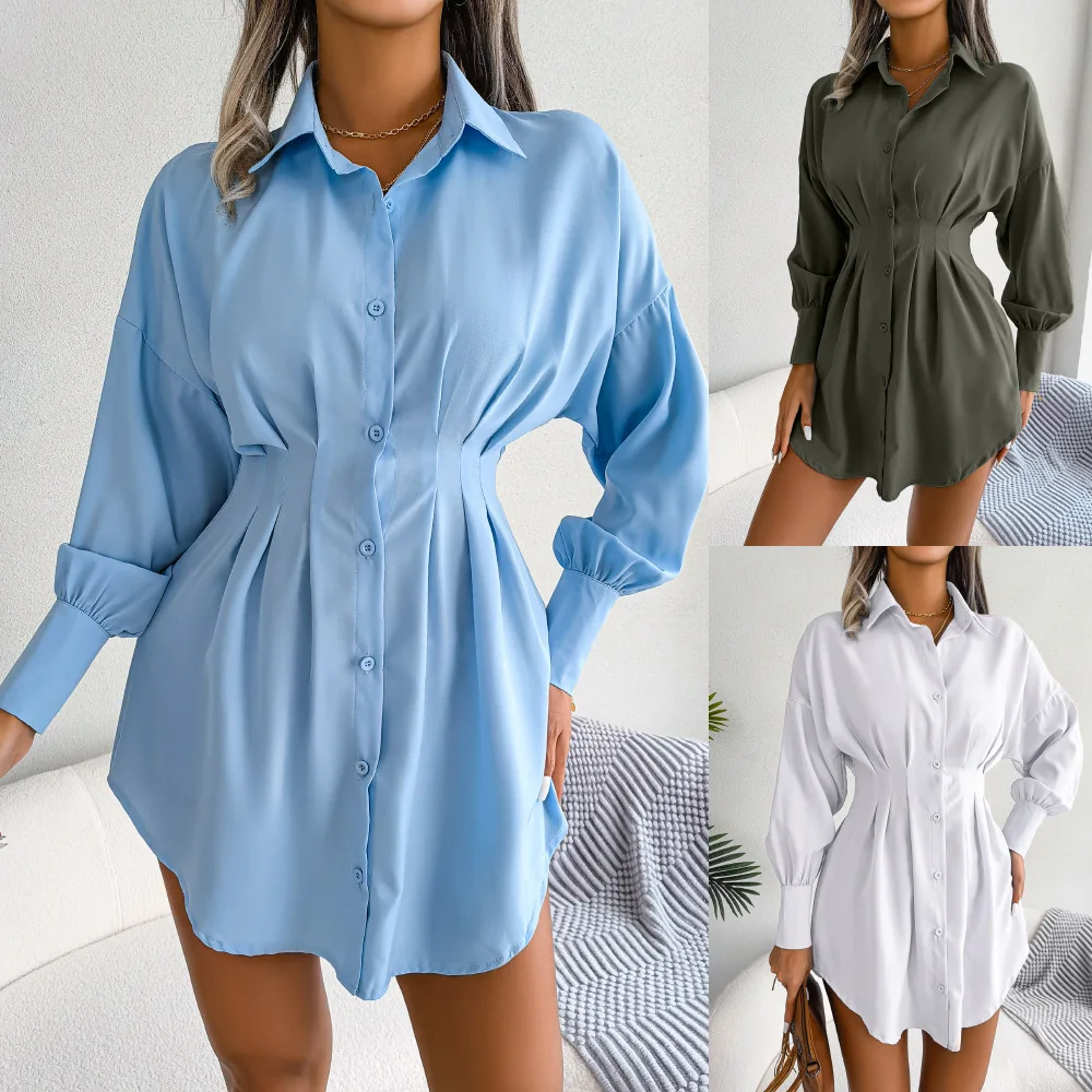 

Shirt Skirt Dress INS Autumn Winter Dress Casual Lantern SleevesDress Waist Asymmetric Dress Solid Dress OL Elegant Dress