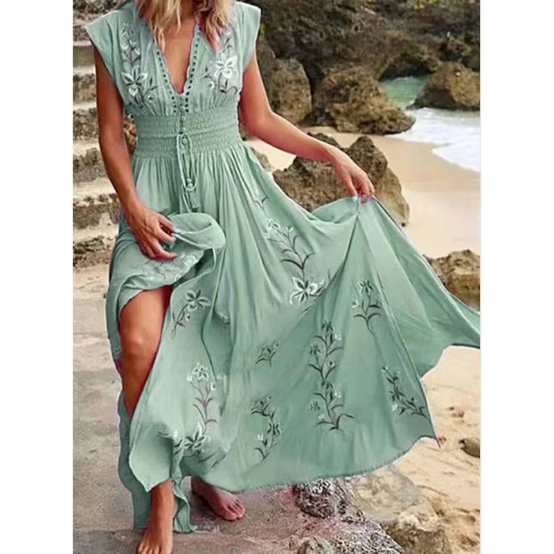 

Bohemain Women Floral Long Dress Vintage Sundress V Neck T-shirt Dress Maxi Sleeveless Beach Dress Loose Casual Comfortable