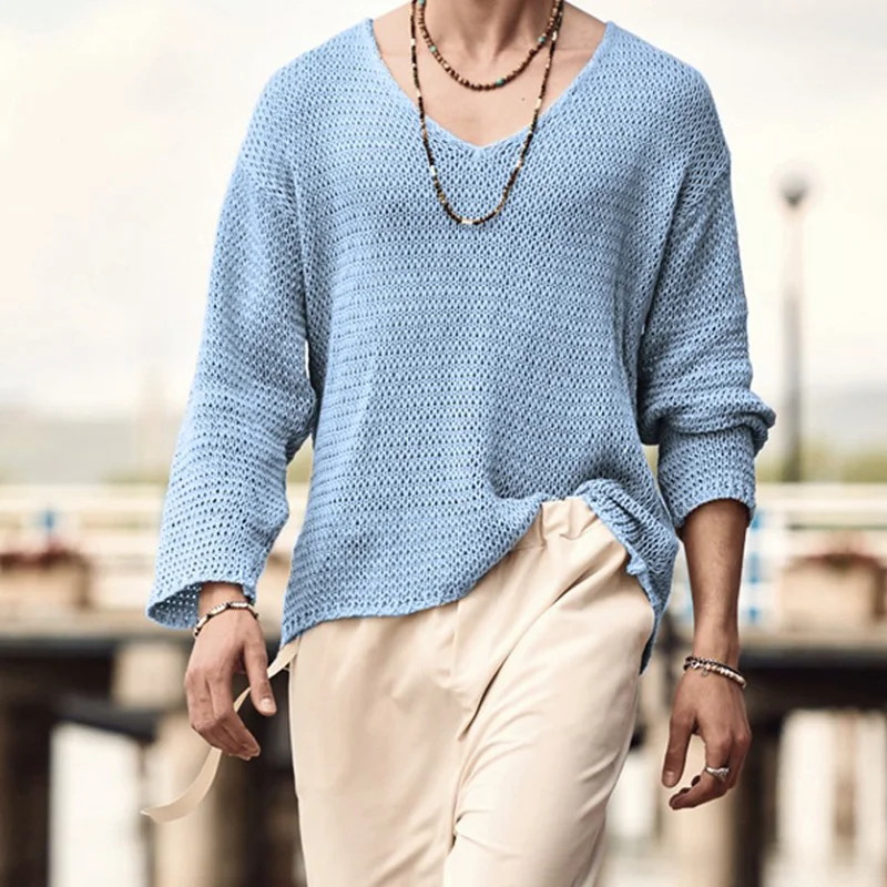 Autumn Men Long Sleeve T Shirt Vintage Solid Knitting Tops Mens Casual Loose V Neck Tee Fashion Male Knitted Clothing Streetwear |
